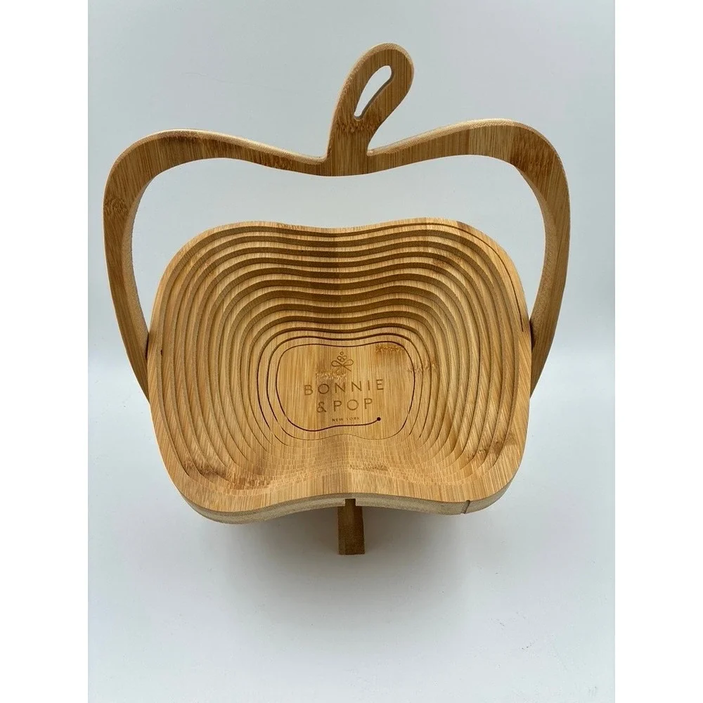 Bonnie & Pop Bamboo Apple Fruit Basket Collapsible Wood Trivet Kitchen Decor